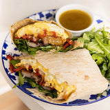 Mango Habanero Breakfast Burrito made with Blake Hill Mango Habanero Chili Jam, scrambled eggs, bell peppers, cheddar cheese, and microgreens in lavash bread