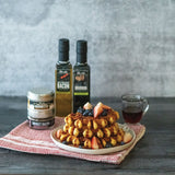 Boozy Bacon Waffles with Bourbon Maple Syrup made with Olivelle Maple-Wood Smoked Bacon Infused Olive Oil and Bourbon Barrel Aged Balsamic