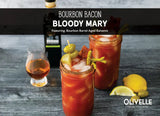 Bourbon Bacon Bloody Mary garnished with candied BBQ bacon, olives, pickled asparagus, and a balsamic-salted rim