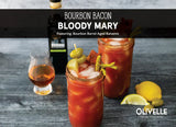 Bourbon Bacon Bloody Mary garnished with candied BBQ bacon, olives, pickled asparagus, and a balsamic-salted rim