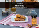 Chai Apple Fritters made with Brown Butter Infused Olive Oil and Apple Chai Sugar Shaker, dipped in a Crème Brûlée White Barrel Aged Balsamic glaze