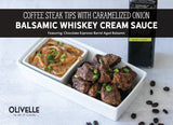 Coffee steak tips topped with caramelized onion balsamic whiskey cream sauce and green onions