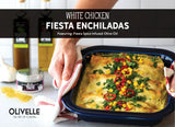 White Chicken Enchiladas made with Olivelle Fiesta Spice Infused Olive Oil, Jalapeño Lime White Barrel Aged Balsamic, and Cumin & Garlic Taco Rub, topped with melted Monterey Jack cheese