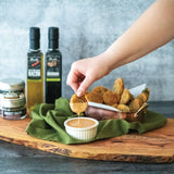 Fried Pickles with Smokehouse Mayo made with Olivelle Maple-Wood Smoked Bacon Infused Olive Oil, Sweet Applewood Barbecue Rub, and Bourbon Barrel Aged Balsamic
