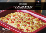 Pizzaolio Focaccia Bread made with Olivelle PizzaOlio Infused Olive Oil and Mediterranean Rosemary Rub, topped with cherry tomatoes and crumbled feta cheese, golden brown from the oven