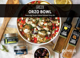 Greek Orzo Bowl with chicken meatballs, kalamata olives, feta, fresh herbs, and a creamy yogurt dressing made with Olivelle Sicilian Lemon Infused Olive Oil and Lemon & Dill Tzatziki Rub