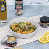 Spring Pea, Asparagus, and Pancetta Pasta made with Olivelle Sicilian Lemon Infused Olive Oil and Parmesan Asiago Dipper & Seasoning