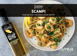 Shrimp Scampi with bucatini pasta made with Olivelle Sweet Cream Butter Infused Olive Oil, Black Garlic Sea Salt, and Parmesan Asiago Dipper, garnished with fresh parsley and lemon