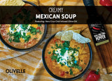 Creamy Mexican soup topped with sour cream, shredded cheese, cilantro, and tortilla chips