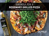 Grilled pizza topped with pear, gorgonzola, prosciutto, arugula, and a balsamic drizzle