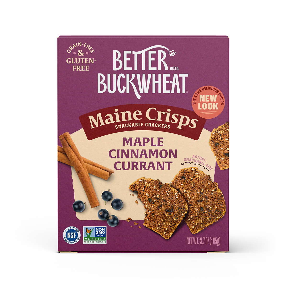 Box of Better with Buckwheat Maine Crisps Maple Cinnamon Currant crackers on a white background