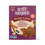 Box of Better with Buckwheat Maine Crisps Maple Cinnamon Currant crackers on a white background