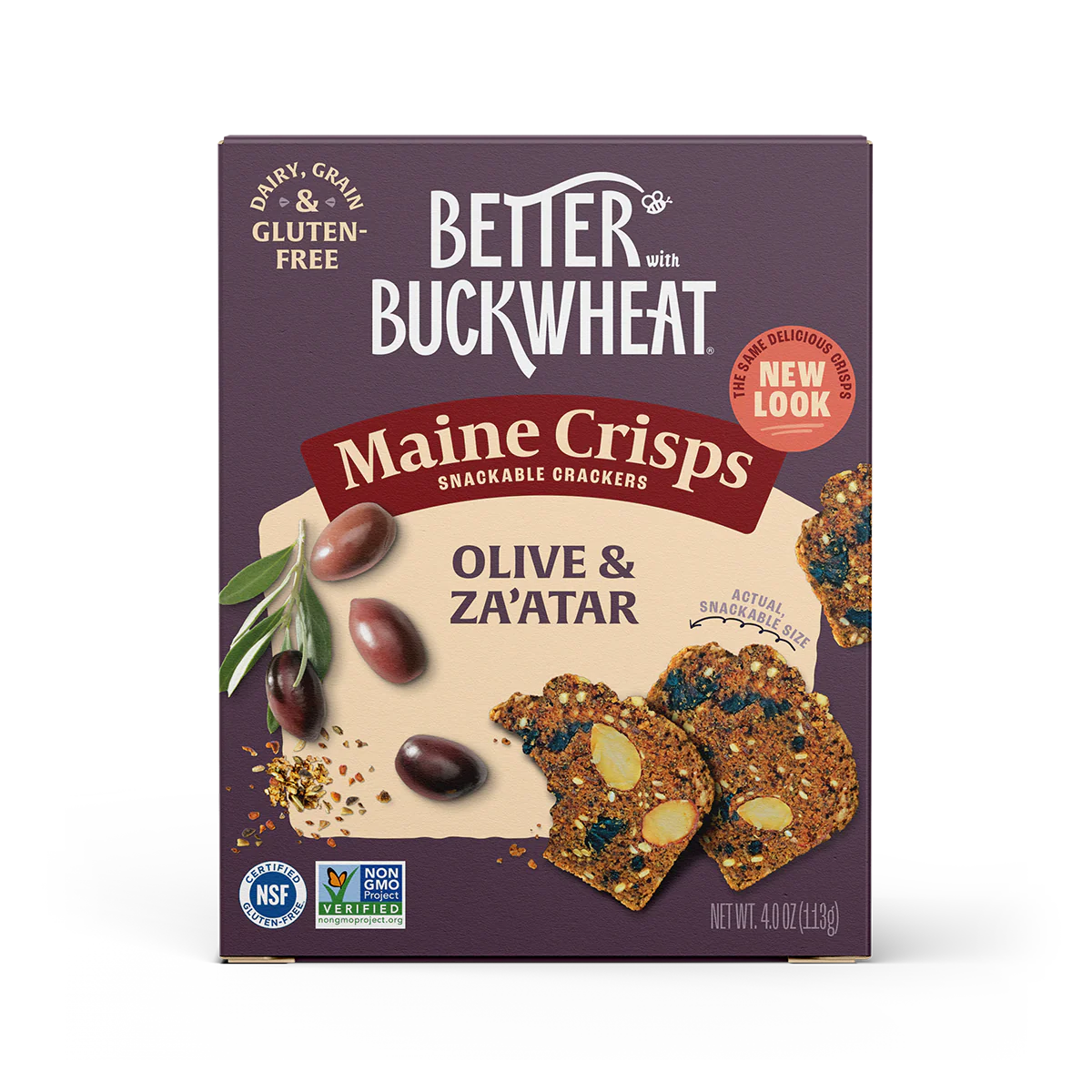 Box of Better with Buckwheat Maine Crisps Olive & Za'atar crackers on a white background