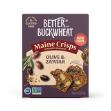 Box of Better with Buckwheat Maine Crisps Olive & Za'atar crackers on a white background