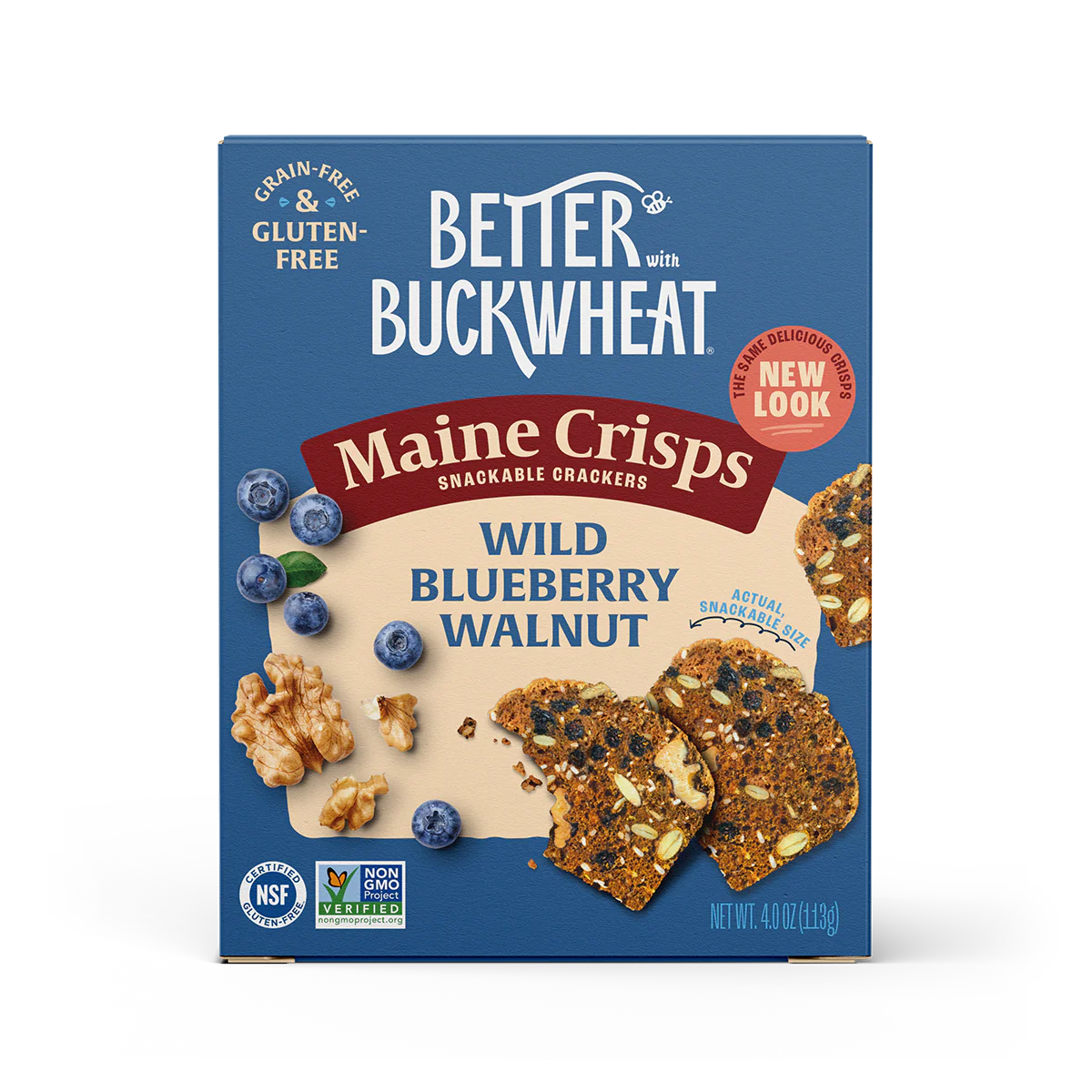 Box of Better with Buckwheat Maine Crisps Wild Blueberry Walnut crackers on a white background