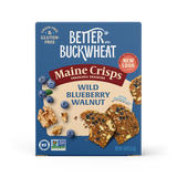 Box of Better with Buckwheat Maine Crisps Wild Blueberry Walnut crackers on a white background