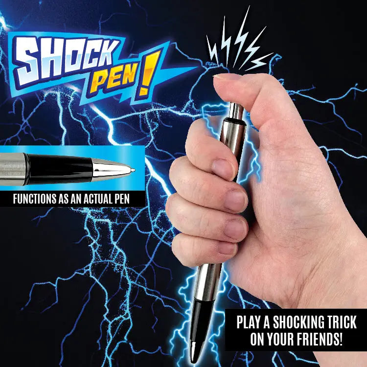 Shock pen with a hand holding it, surrounded by electric effects and text on a dark background.