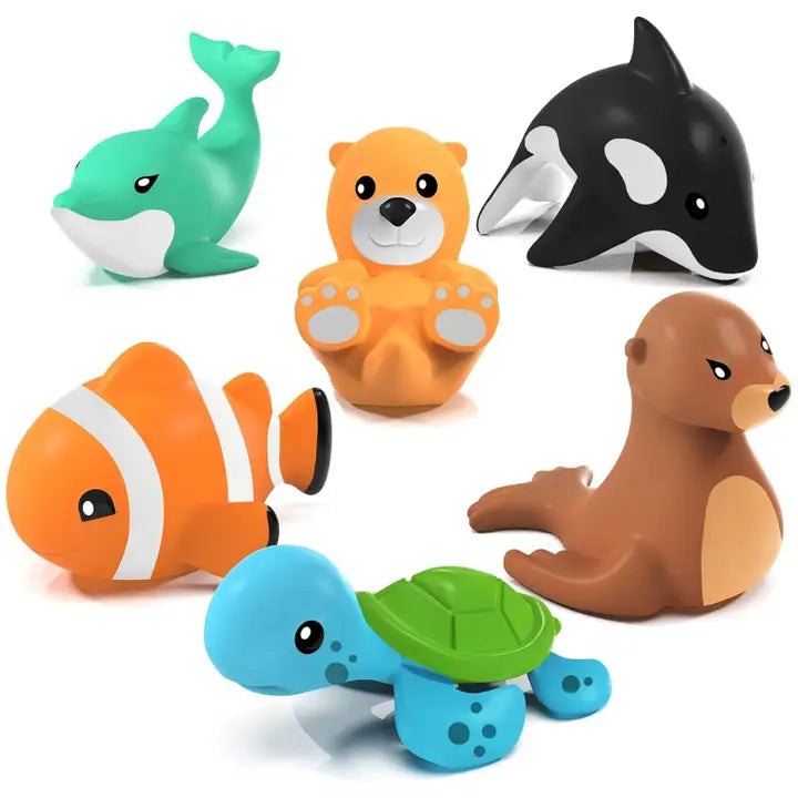 Set of six colorful animal-shaped bath toys on a white background