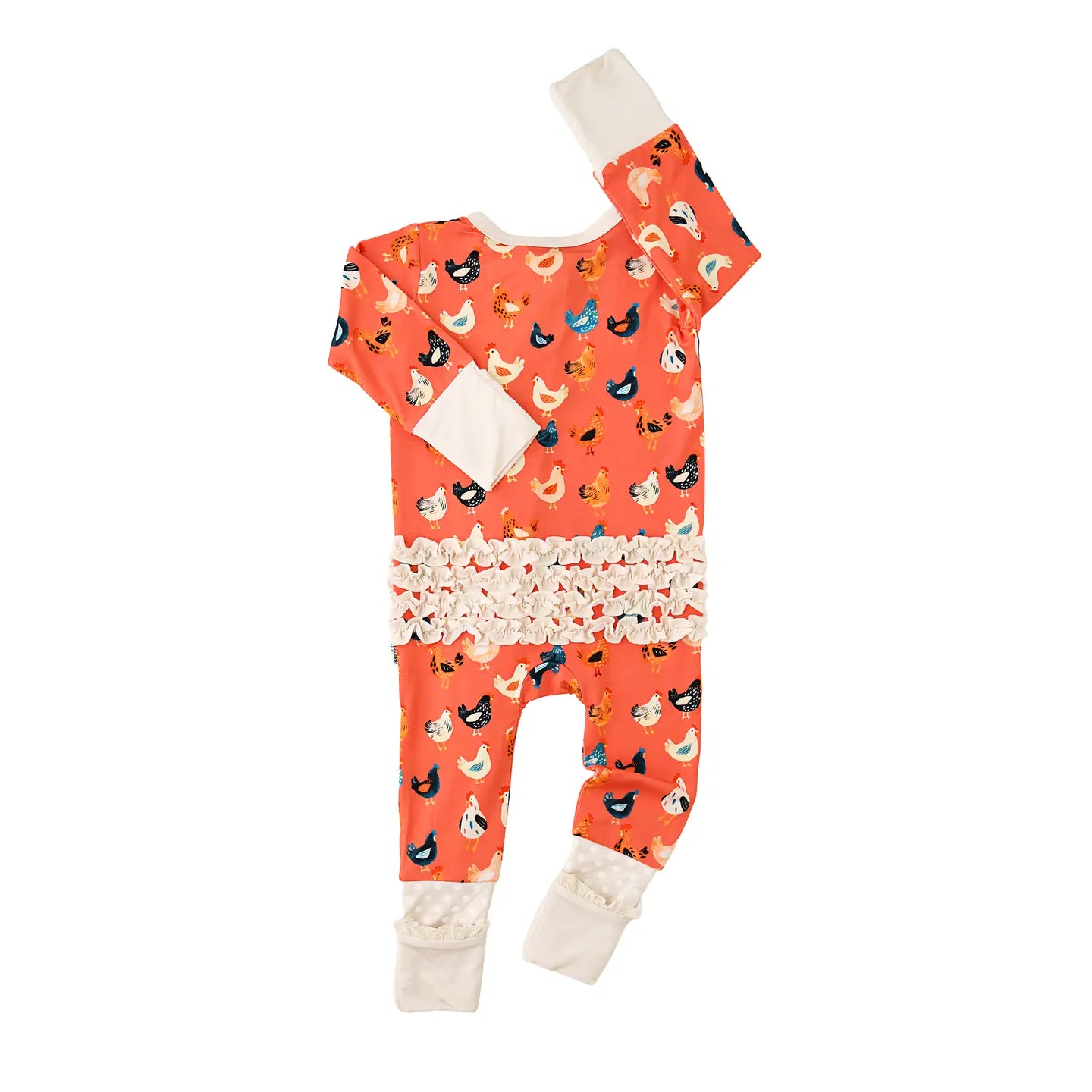 Baby romper with chicken pattern and white ruffle on a white background