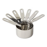 Set of stainless steel measuring cups on a white background