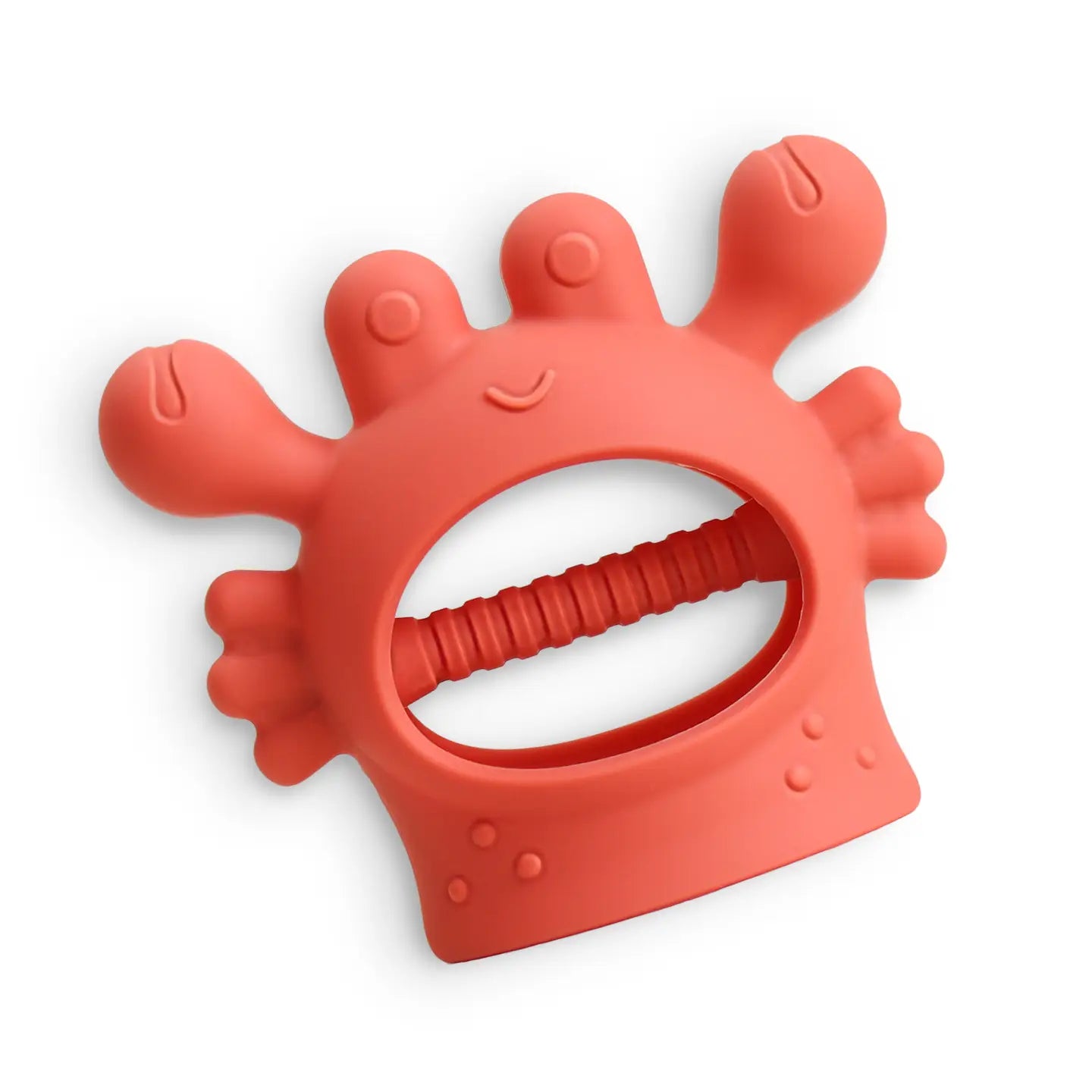 Red silicone teething ring with a white background