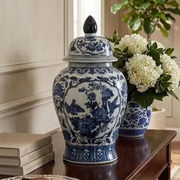 A blue and white porcelain ginger jar with a lid, displayed on a dark wooden console table next to a matching blue and white vase filled with white flowers.