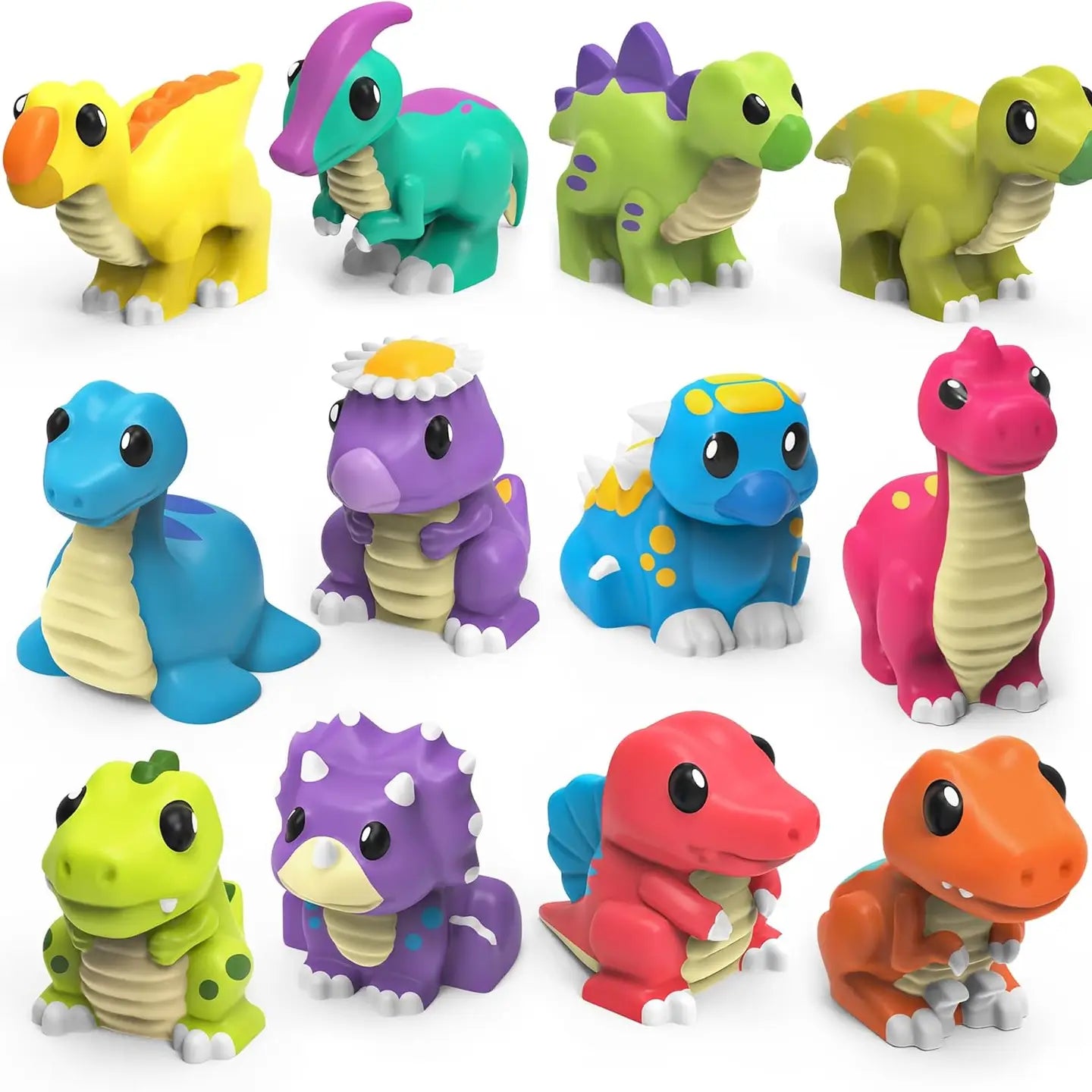 Set of colorful dinosaur figurines on a white background