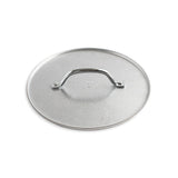 Stainless steel pot lid with handle on a white background