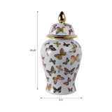 Ceramic jar with butterfly design and gold lid, shown with measurements on a white background