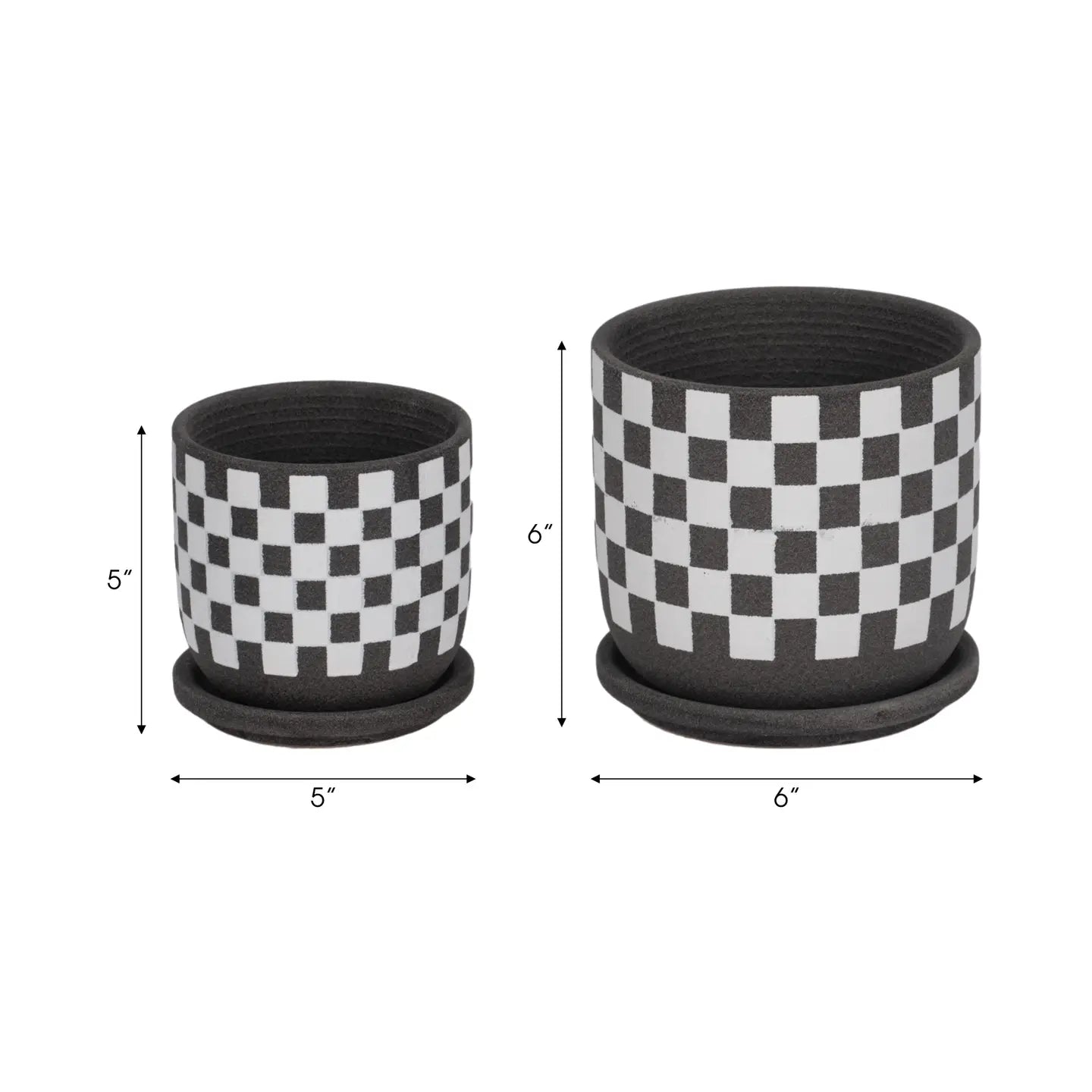 Two checkered planters with dimensions on a white background