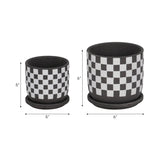 Two checkered planters with dimensions on a white background