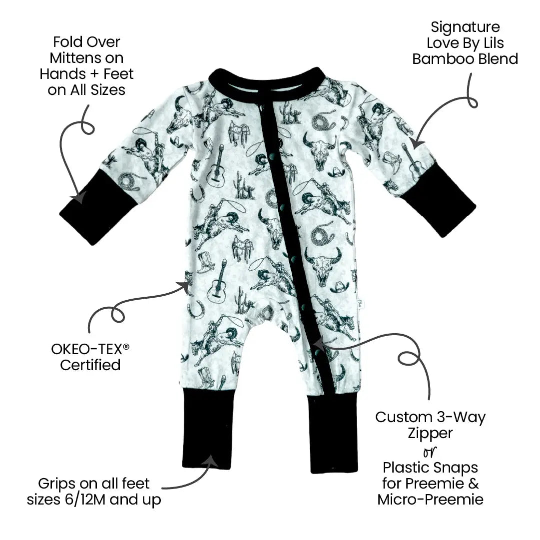 Baby onesie with features highlighted on a white background