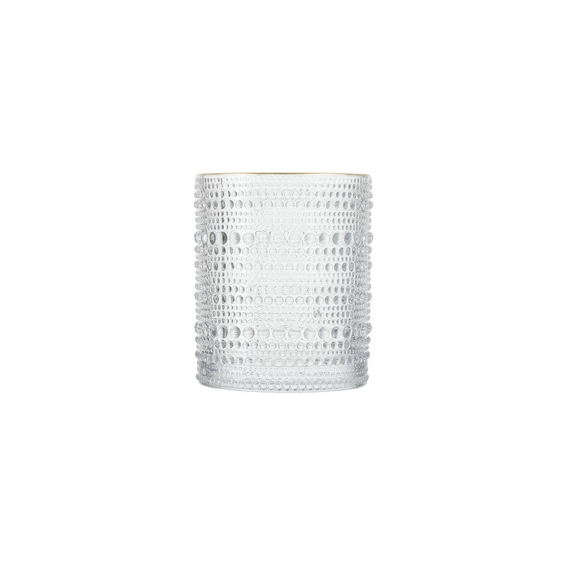 A clear glass with a geometric pattern.