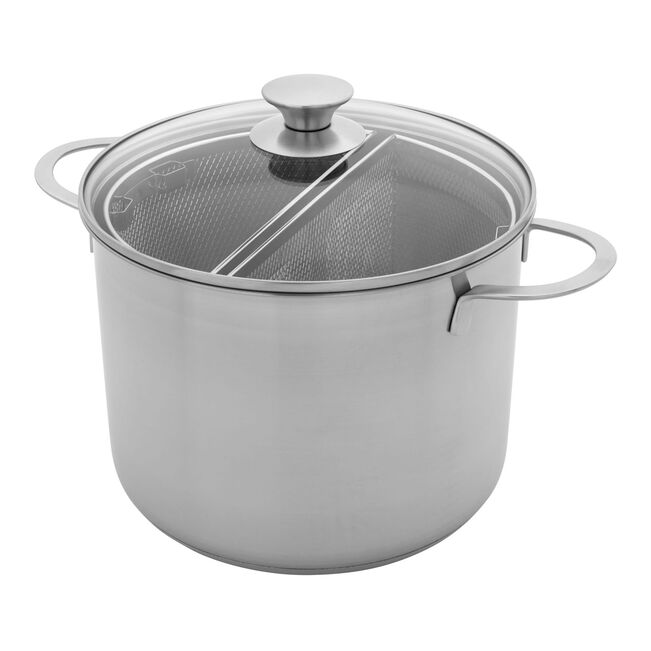 Stainless steel pot with a lid on a white background