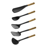 Set of five black kitchen utensils with wooden handles on a white background