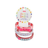 Set of colorful acrylic bracelets with a bow and text on a white background
