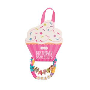 Packaged birthday bracelet with colorful beads spelling 'Happy Birthday' on a white background