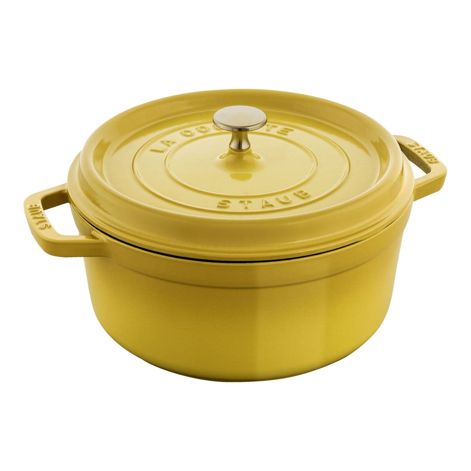 Yellow Staub cocotte with lid on a white background