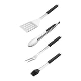 Set of four BBQ utensils with black handles on a white background
