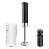 Black immersion blender set with measuring cup and container on a white background