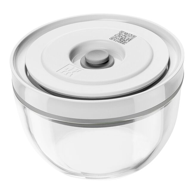 Clear container with a white lid featuring a QR code on a white background
