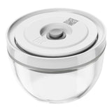 Clear container with a white lid featuring a QR code on a white background