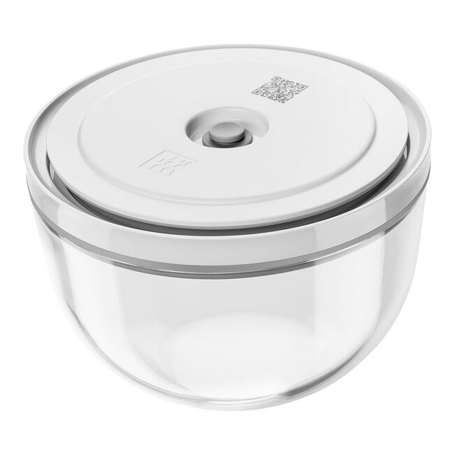 Clear glass container with a white lid on a white background