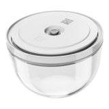 Clear glass container with a white lid on a white background