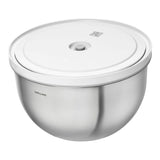 Stainless steel bowl with a white lid on a white background, featuring the Zwilling brand.