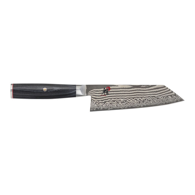Chef's knife with a wavy blade design on a white background