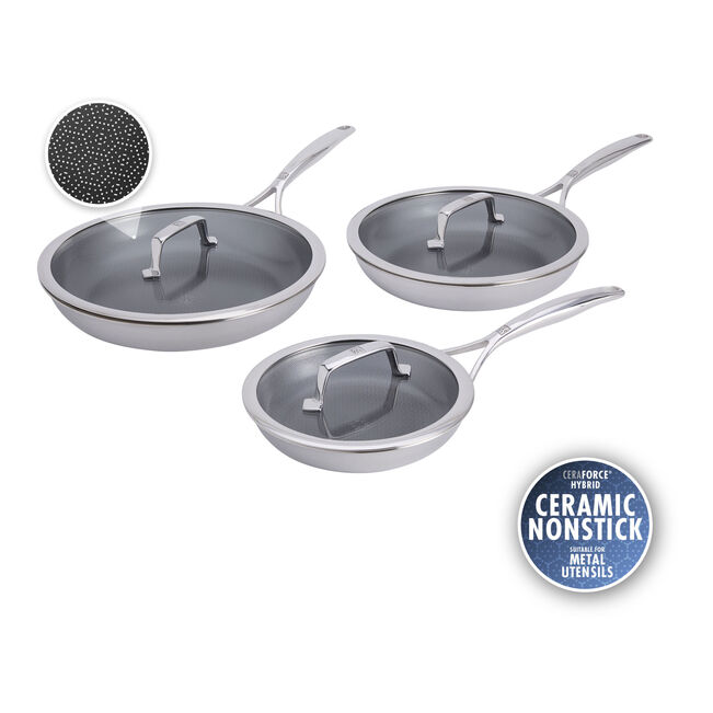 Three stainless steel saucepans with glass lids and nonstick interiors, shown on a white background with a circular inset of the nonstick coating and a blue 'Ceramic Nonstick' badge.