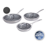 Three stainless steel saucepans with glass lids and nonstick interiors, shown on a white background with a circular inset of the nonstick coating and a blue 'Ceramic Nonstick' badge.