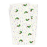 A folded white fabric item, likely a blanket or towel, printed with the classic Green Caterpillar pattern from The Very Hungry Caterpillar book. The design features green caterpillars with red antennae and small multicolored polka dots on a white background.