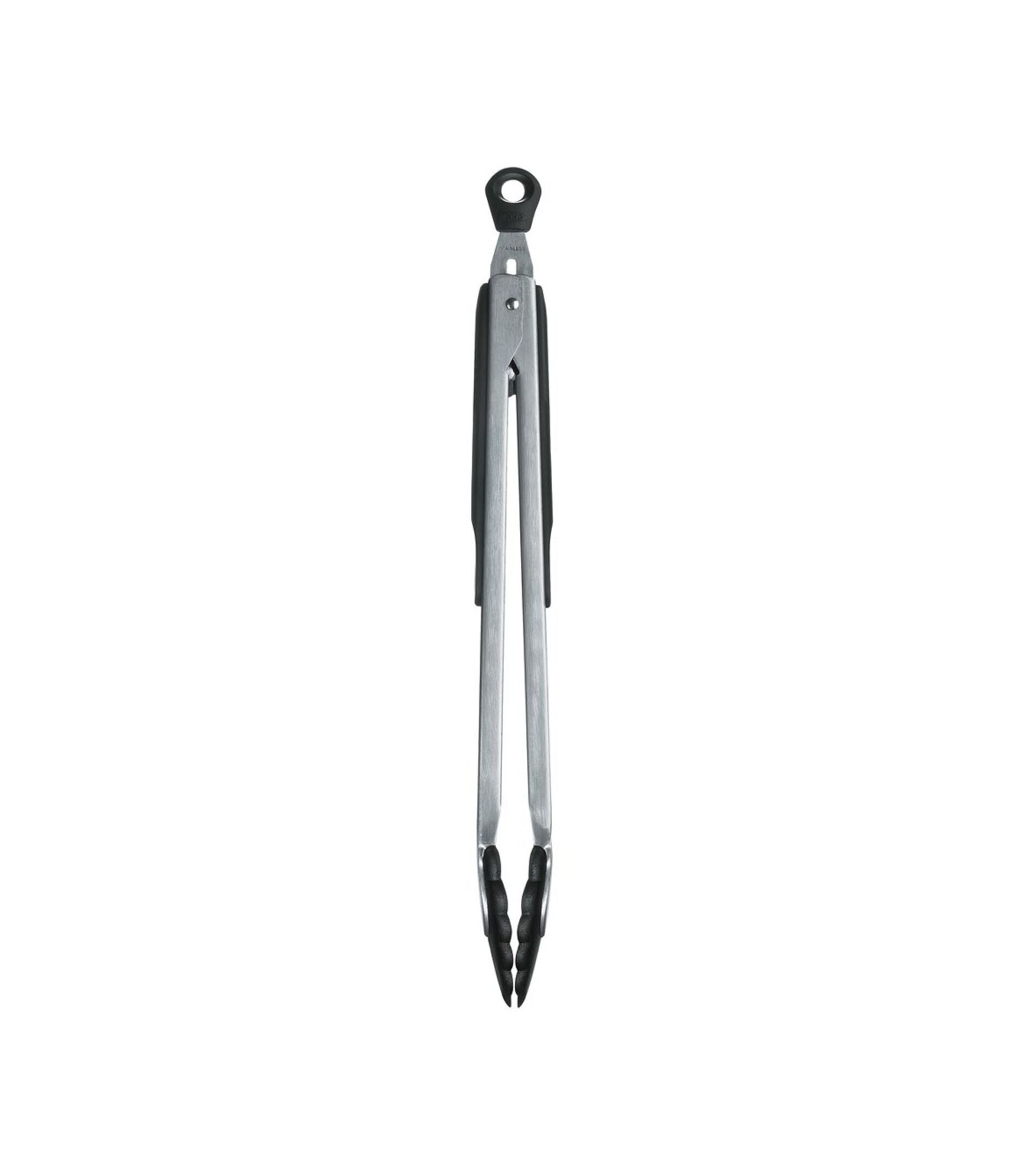 Metal tongs with black ends on a white background